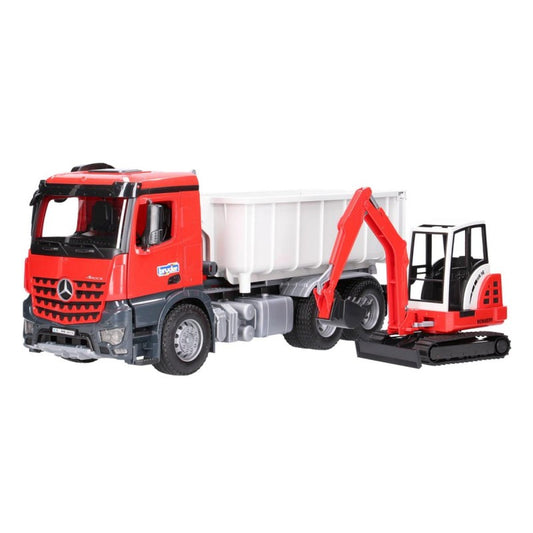 BRUDER 03624 - Camion Mercedes-Benz cu container rulant si mini-excavator