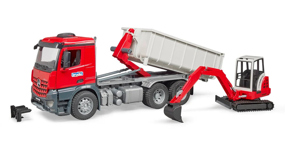 BRUDER 03624 - Camion Mercedes-Benz cu container rulant si mini-excavator