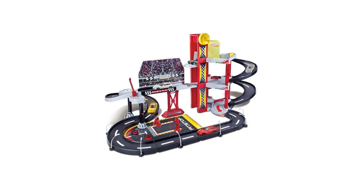 Set Pista Ferrari Race&Play Racing Garage cu masinuta metal - 1/43 Bburago