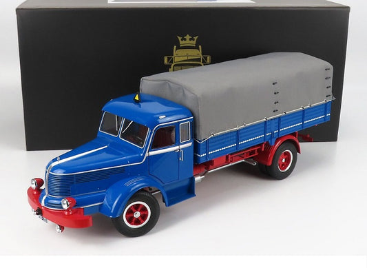 Camion Krupp Titan SWL 80 flatbed truck Baumann with tarp 1950-54 albastru/rosu - 1:18 Road Kings