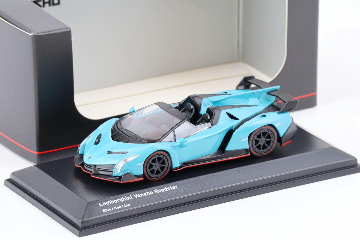 Lamborghini Veneno Roadster blue/red line cu vitrina plexiglass - 1/64 Kyosho