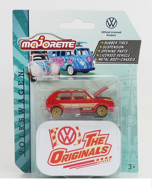 Masinuta VW Golf rosu si cutie metalica depozitare - 1/64 Majorette