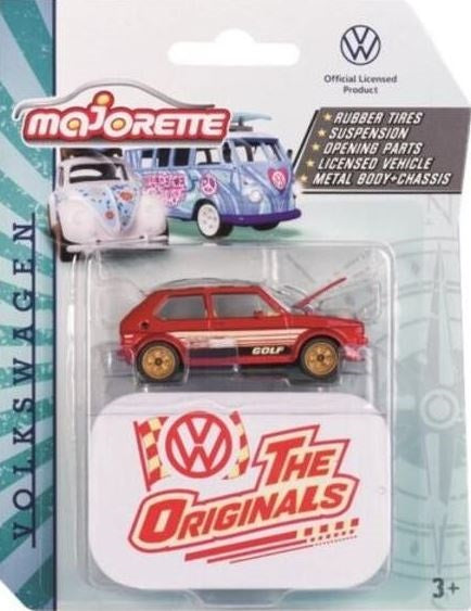 Masinuta VW Golf rosu si cutie metalica depozitare - 1/64 Majorette