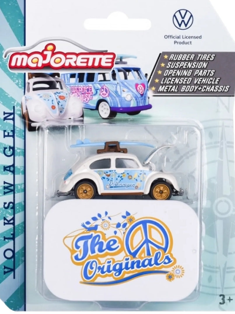 Masinuta VW Beetle alb/bleu + cutie metalica depozitare - 1/64 Majorette