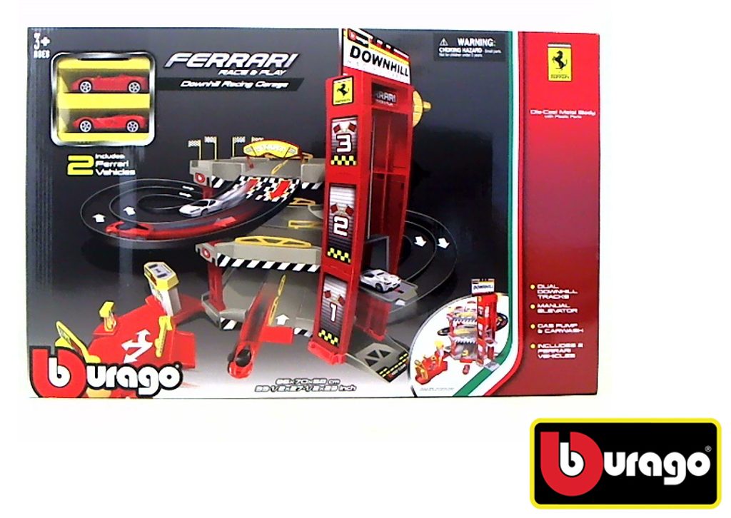 SET Pista Ferrari Race&Play Downhill Racing Garage cu 2 masinute - 1/64 Bburago