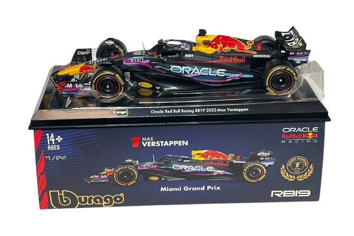 Formula 1 Oracle Red Bull Racing RB19 2023 Miami Grand Prix #1 Max Verstappen cu vitrina plexiglass - 1/24 Bburago