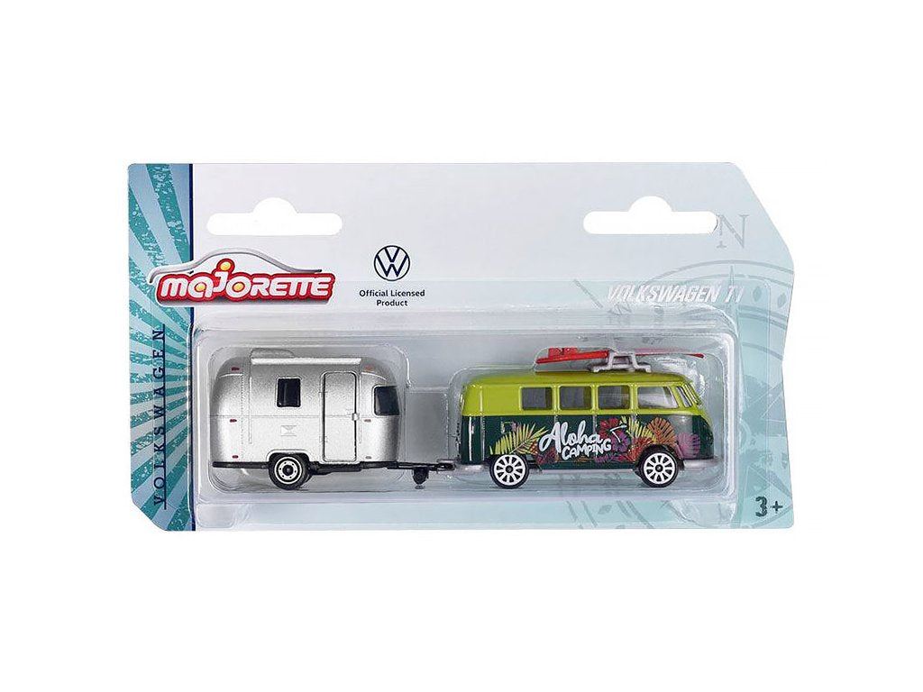 Macheta Volkswagen T1 verde cu rulota - 1/64 Majorette