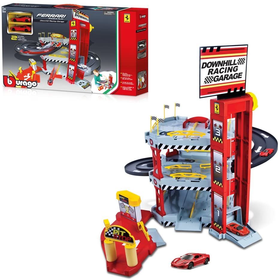 SET Pista Ferrari Race&Play Downhill Racing Garage cu 2 masinute - 1/64 Bburago