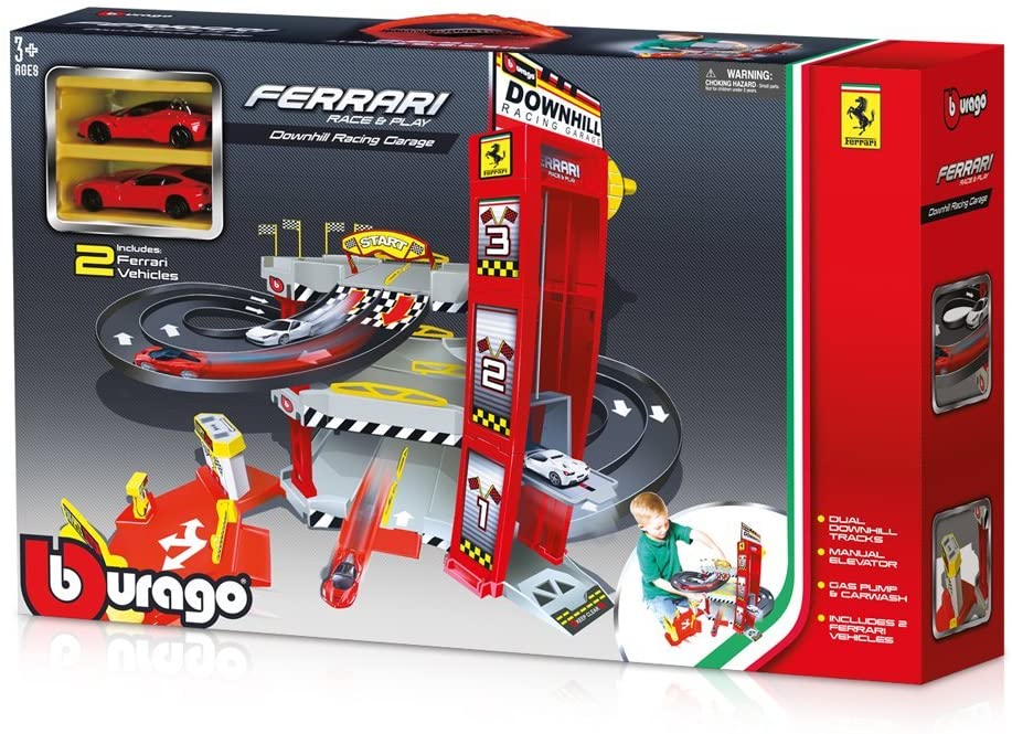 SET Pista Ferrari Race&Play Downhill Racing Garage cu 2 masinute - 1/64 Bburago