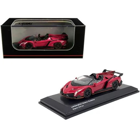 Lamborghini Veneno Roadster magenta/red line cu vitrina plexiglass - 1/64 Kyosho