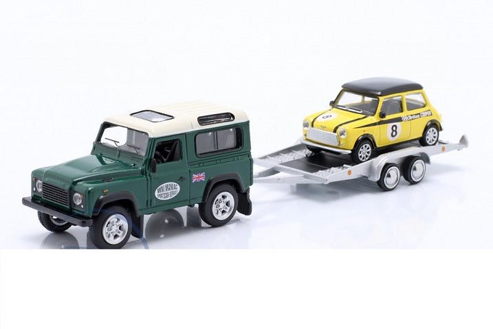 Set Machete Land Rover cu Mini Cooper si remorca - 1/64 Schuco