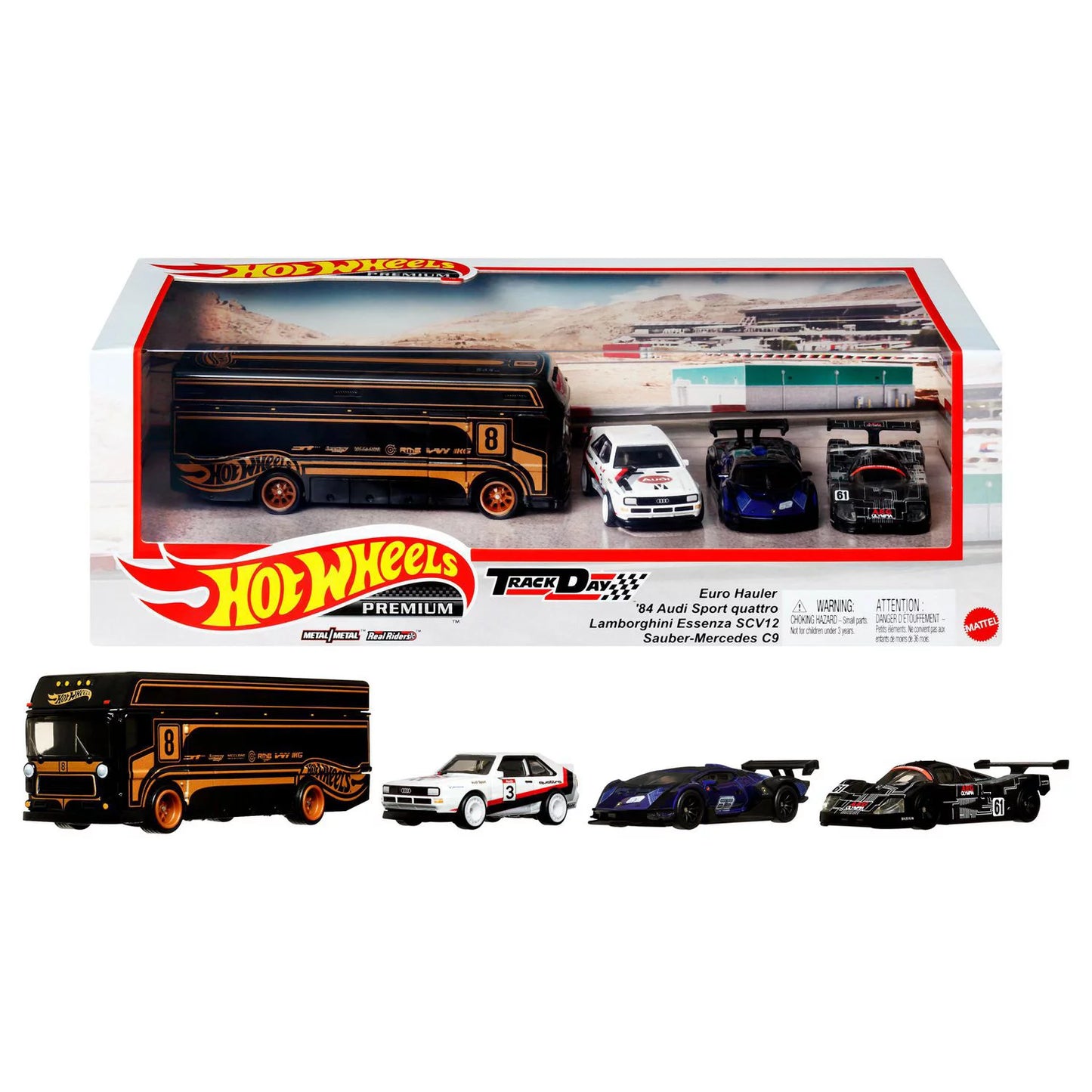 Set 4 masinute Audi,Lambo Essenza,Sauber Mercedes si Transportor - 1/64 Hot Wheels Premium