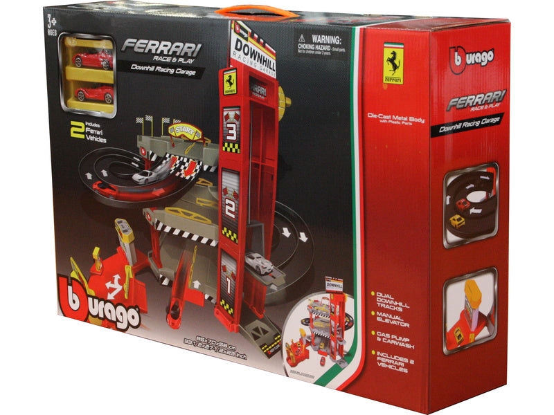 SET Pista Ferrari Race&Play Downhill Racing Garage cu 2 masinute - 1/64 Bburago