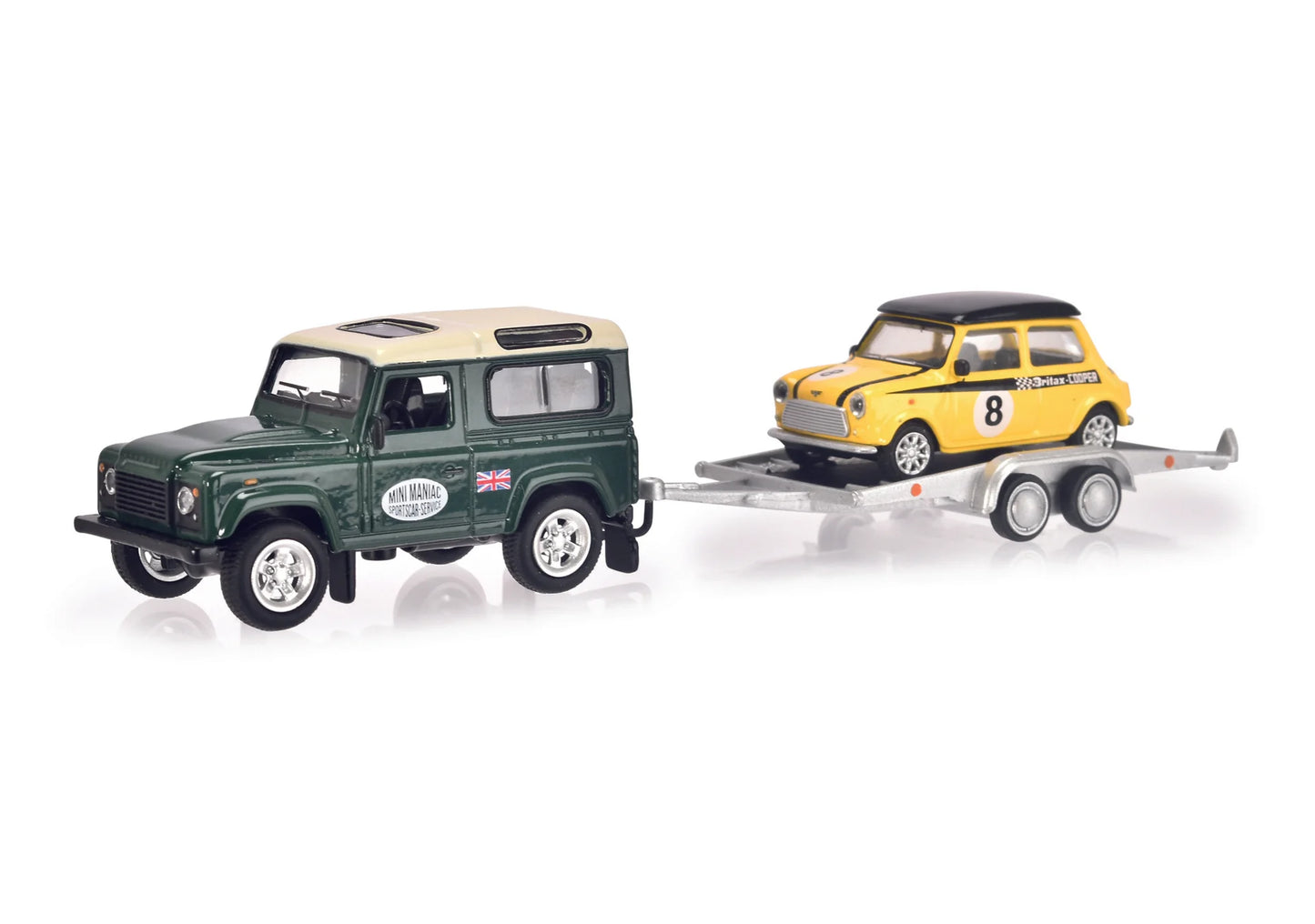 Set Machete Land Rover cu Mini Cooper si remorca - 1/64 Schuco