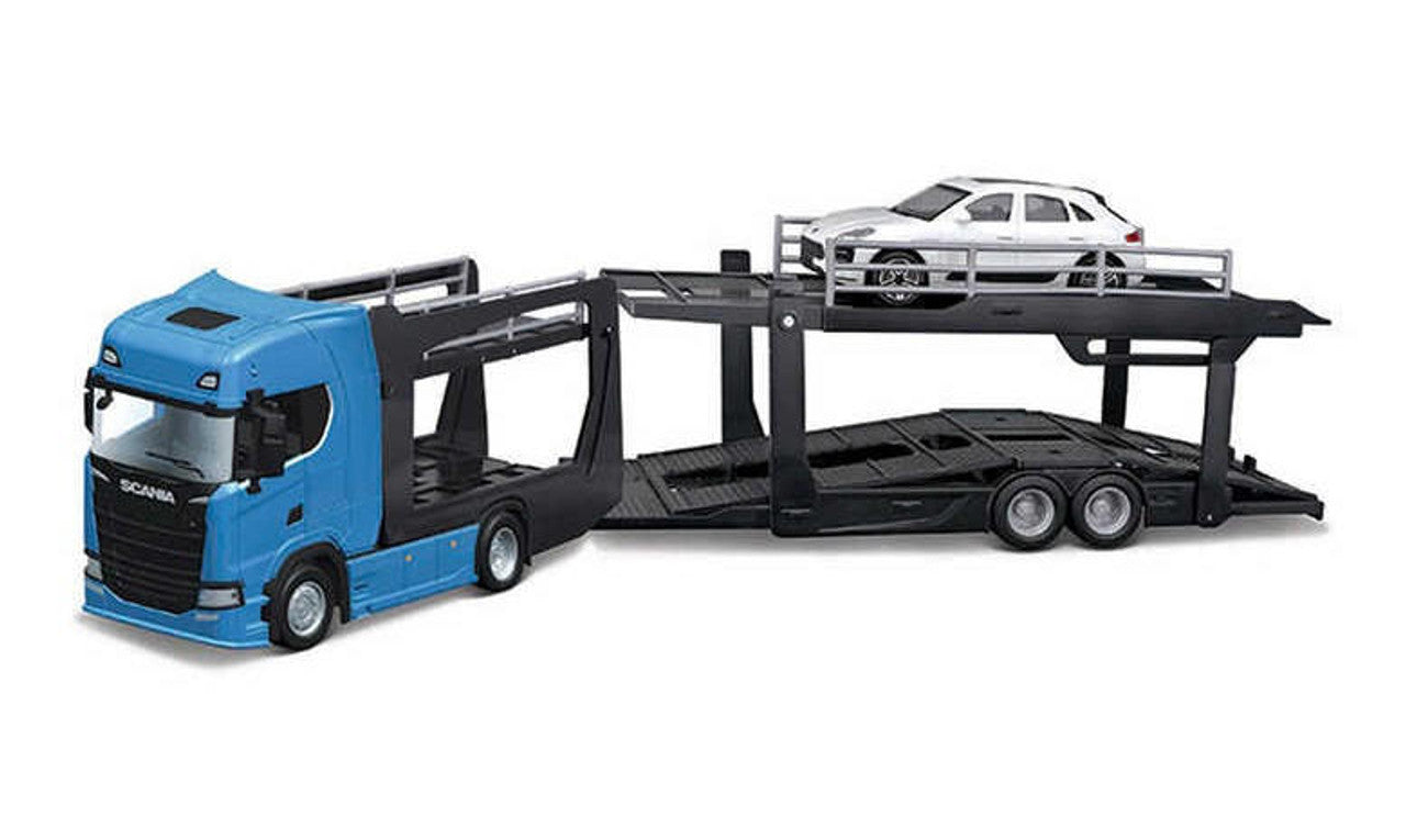 Transportor Scania 770 si Porsche Macan alb - 1/43 Bburago