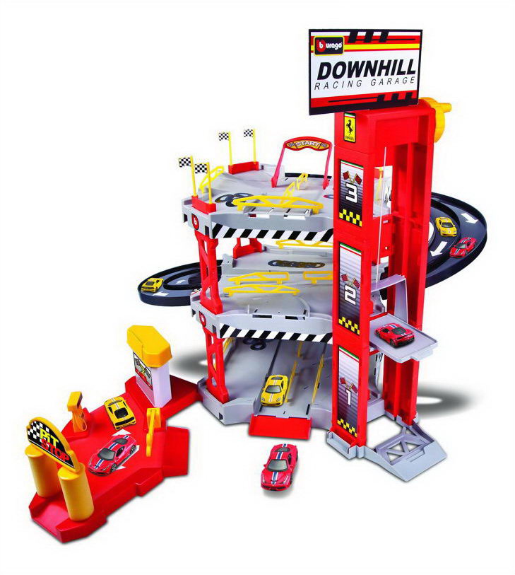 SET Pista Ferrari Race&Play Downhill Racing Garage cu 2 masinute - 1/64 Bburago