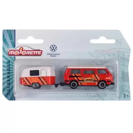 VW T3 portocaliu/alb cu rulota - 1/64 Majorette