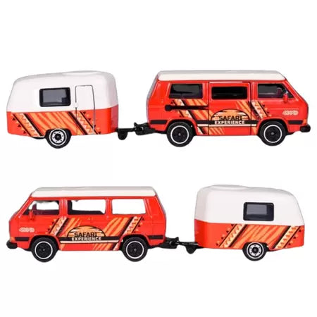 VW T3 portocaliu/alb cu rulota - 1/64 Majorette