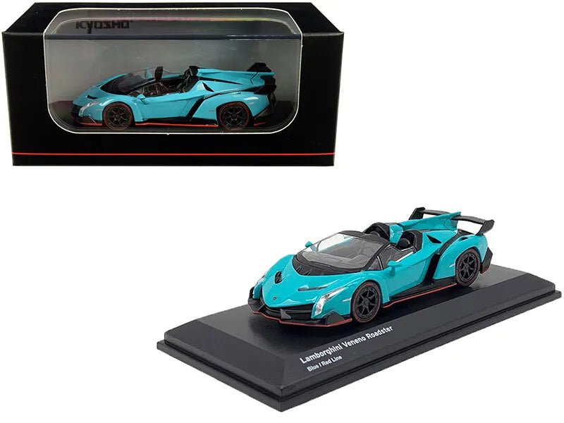 Lamborghini Veneno Roadster blue/red line cu vitrina plexiglass - 1/64 Kyosho