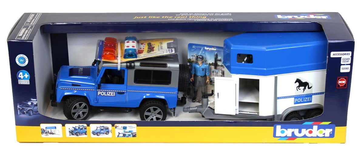 BRUDER 02588 - Masina de politie Land Rover cu remorca