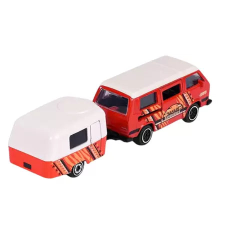 VW T3 portocaliu/alb cu rulota - 1/64 Majorette