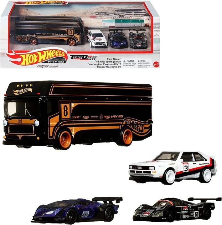 Set 4 masinute Audi,Lambo Essenza,Sauber Mercedes si Transportor - 1/64 Hot Wheels Premium