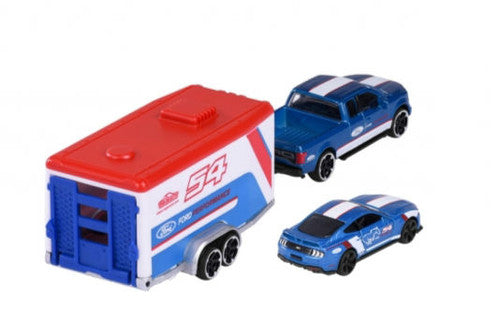 Set Masinuta Ford F-150 Raptor, Mustang GT cu remorca - 1/64 Majorette