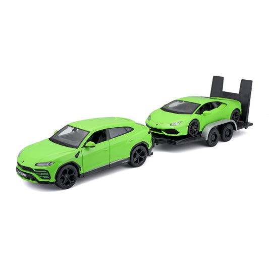 Set 2 masinute - Lamborghini Urus și Lamborghini Huracan cu remorca - 1/24 Maisto Design