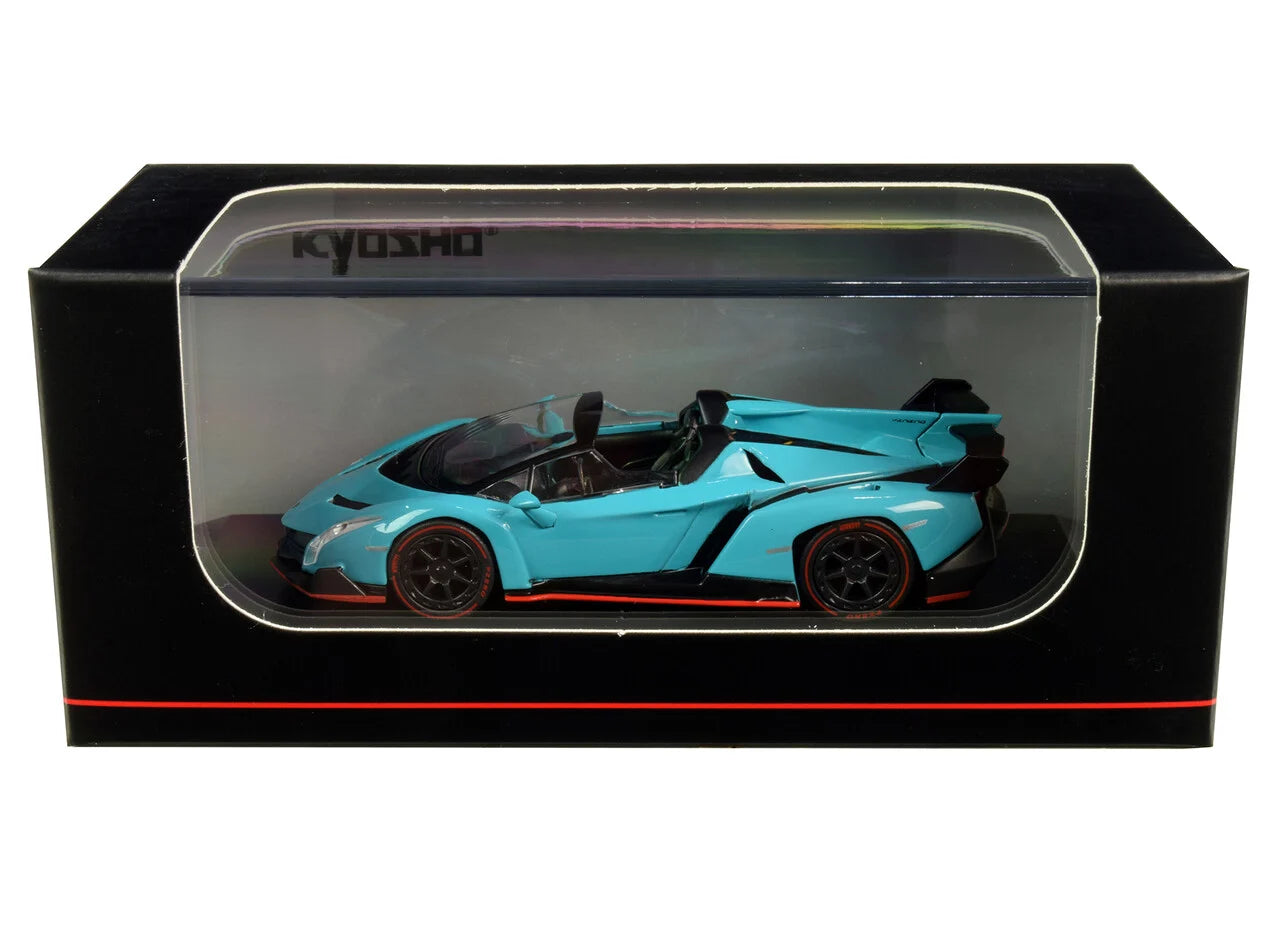 Lamborghini Veneno Roadster blue/red line cu vitrina plexiglass - 1/64 Kyosho