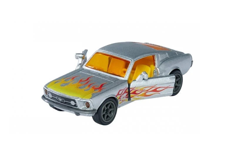 Masinuta Ford Mustang Fastback cu flacari + cutie metalica depozitare - 1/64 Majorette