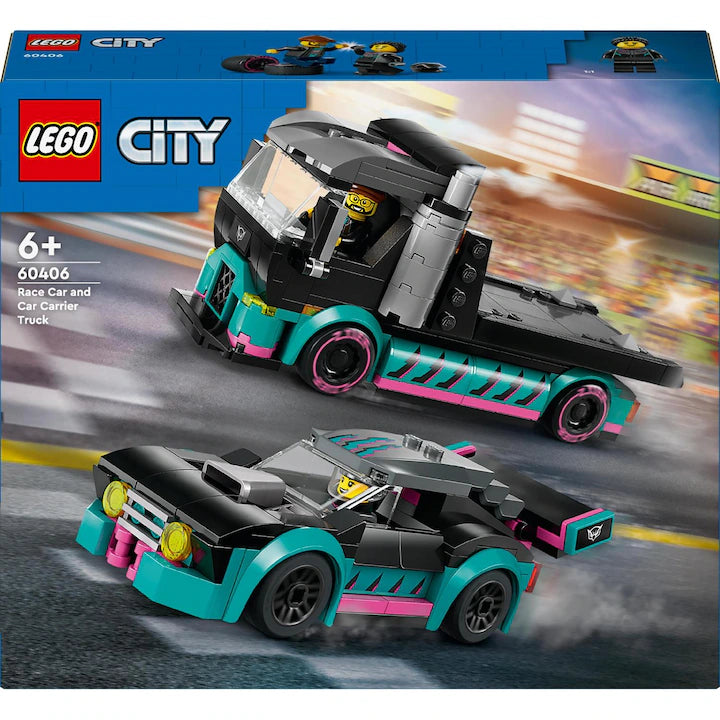 LEGO City 60406 - Masina de curse si camion transportator de masini (328 piese)