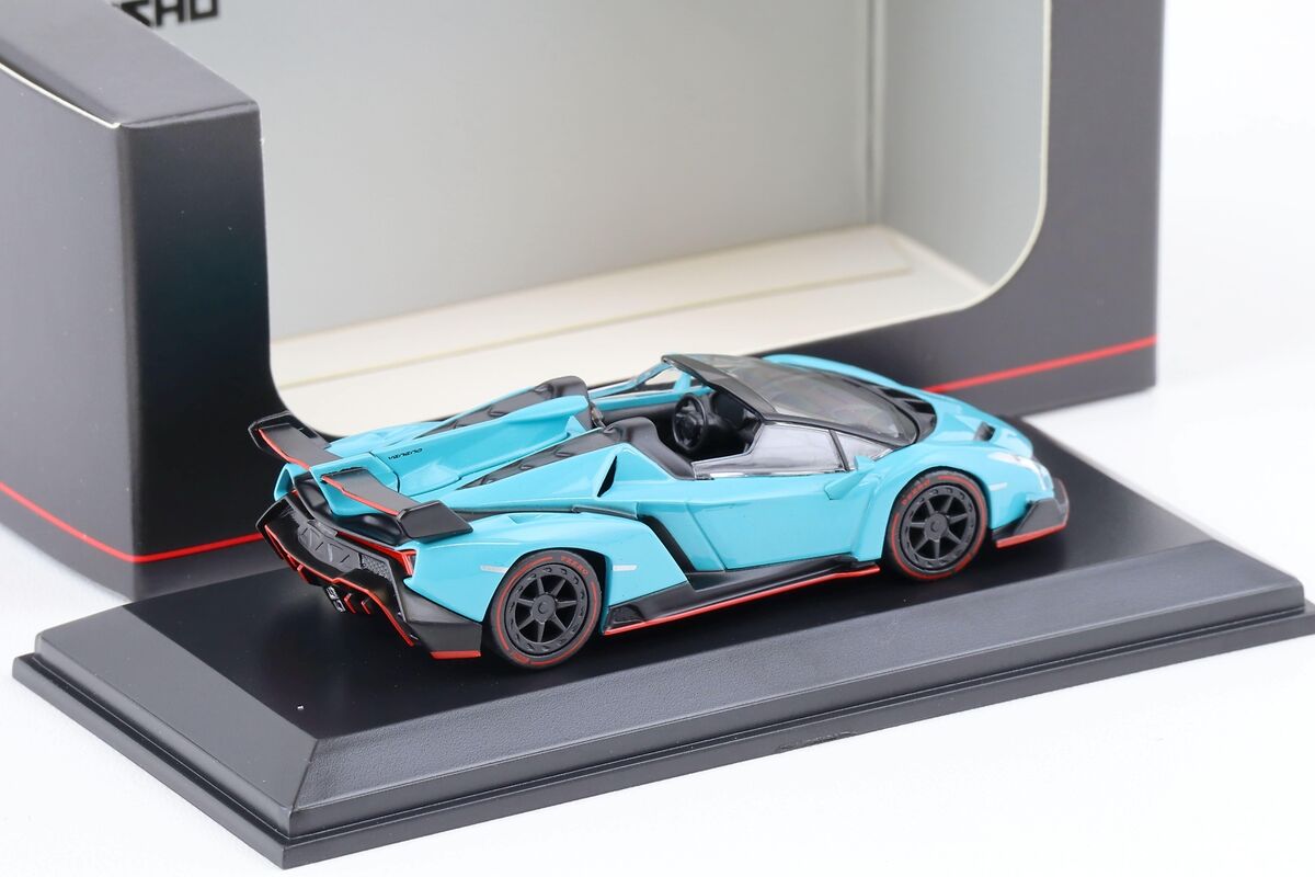 Lamborghini Veneno Roadster blue/red line cu vitrina plexiglass - 1/64 Kyosho