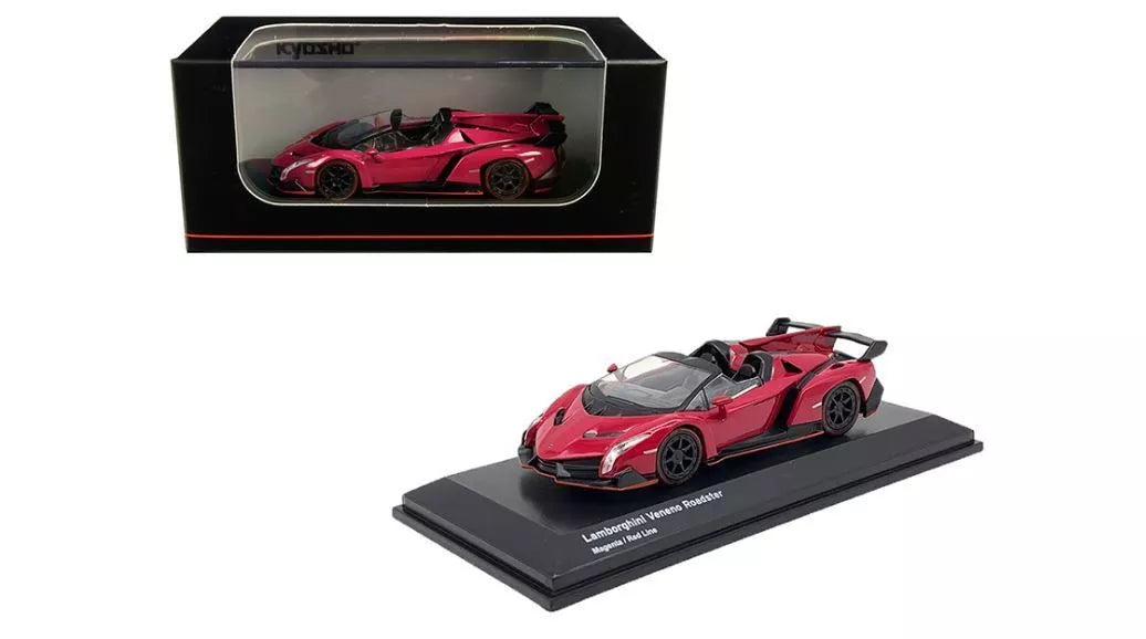 Lamborghini Veneno Roadster magenta/red line cu vitrina plexiglass - 1/64 Kyosho