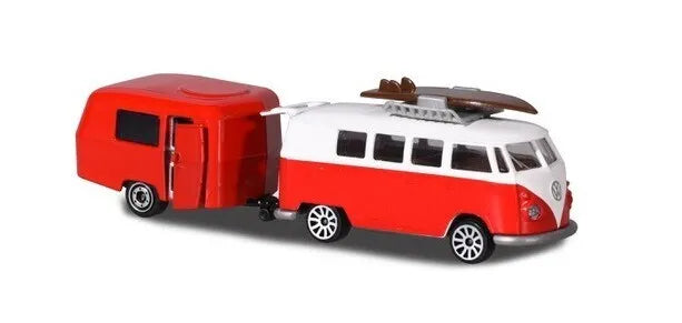 VW T1 rosu cu rulota - 1/64 Majorette