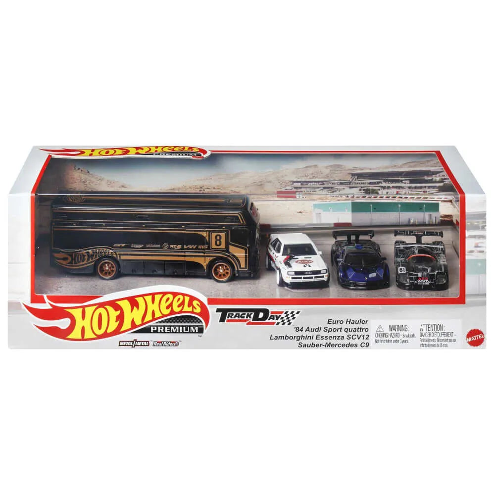 Set 4 masinute Audi,Lambo Essenza,Sauber Mercedes si Transportor - 1/64 Hot Wheels Premium