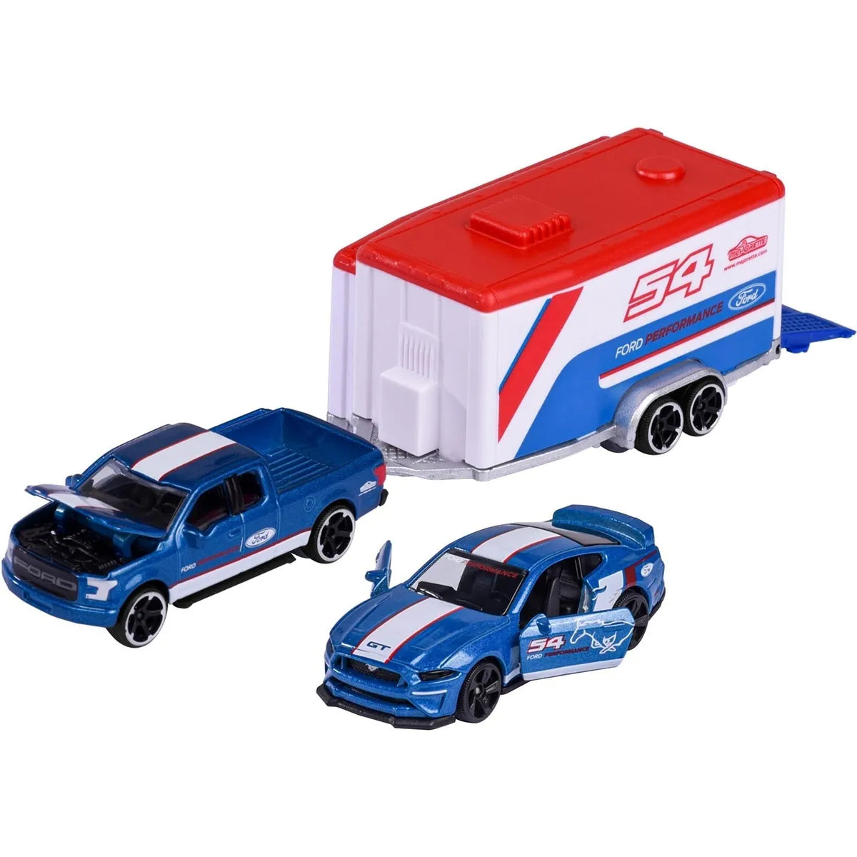 Set Masinuta Ford F-150 Raptor, Mustang GT cu remorca - 1/64 Majorette