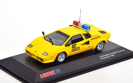 Lamborghini Countach galben Pace Car Monaco GP 1982 cu vitrina plexiglass - 1/43 Werk83