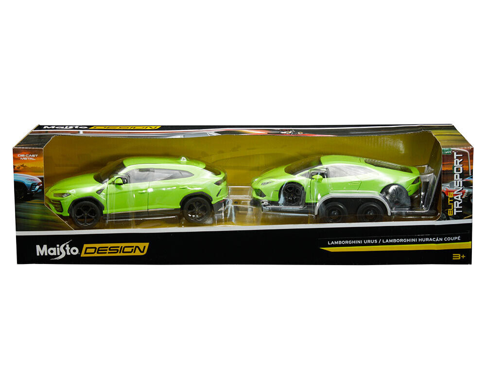 Set 2 masinute - Lamborghini Urus și Lamborghini Huracan cu remorca - 1/24 Maisto Design