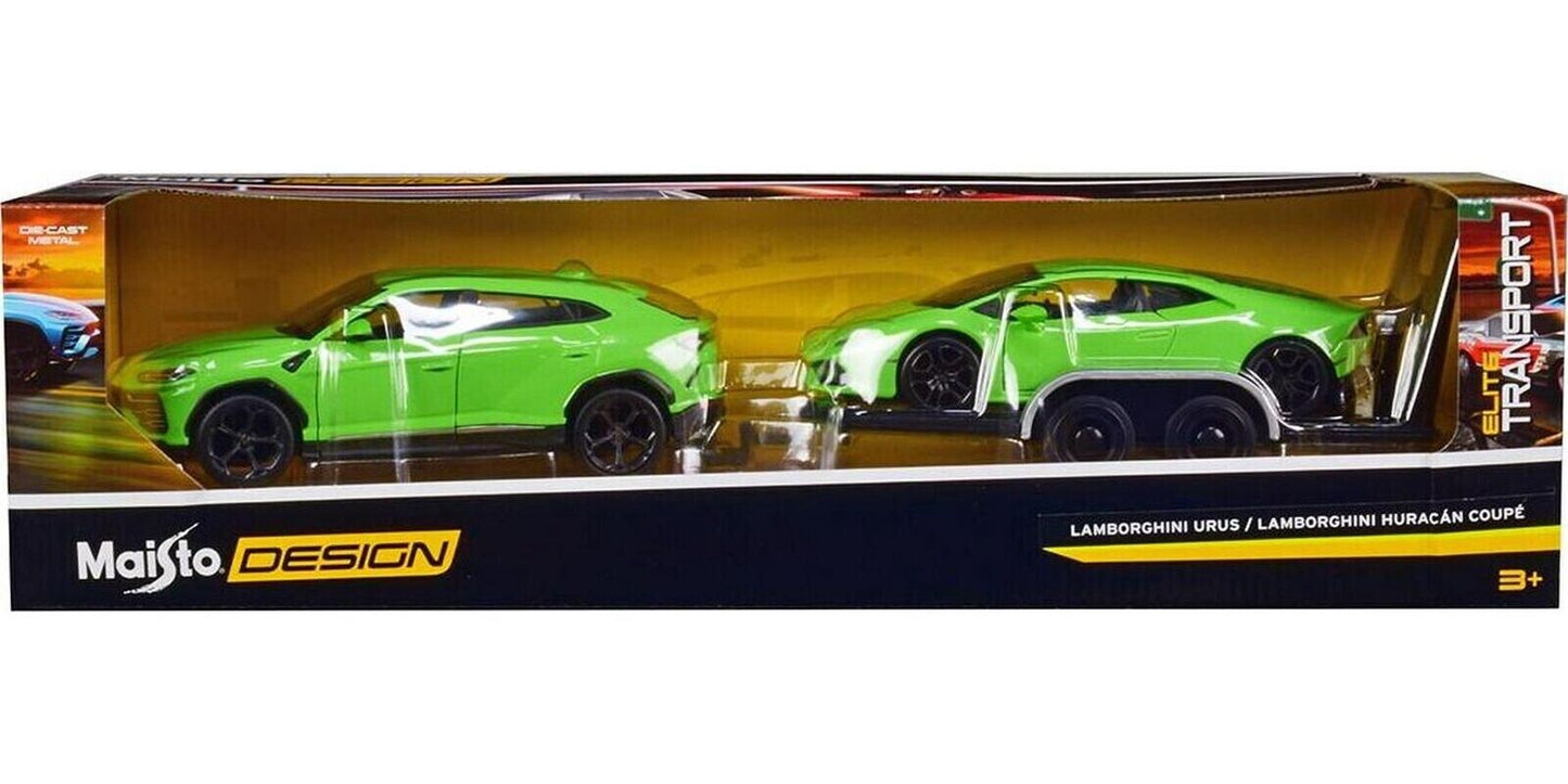 Set 2 masinute - Lamborghini Urus și Lamborghini Huracan cu remorca - 1/24 Maisto Design